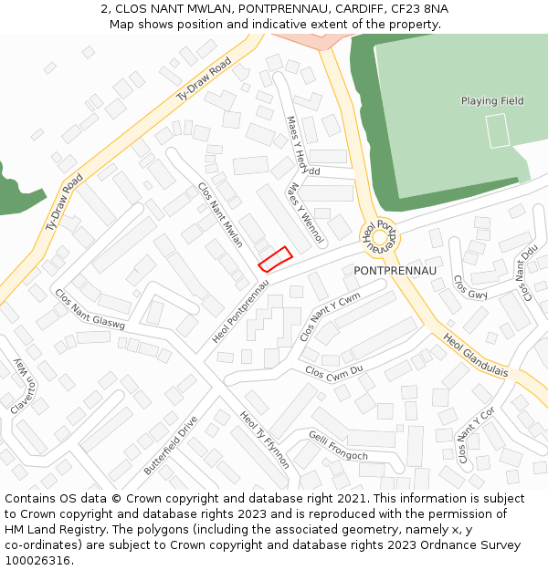 2, CLOS NANT MWLAN, PONTPRENNAU, CARDIFF, CF23 8NA: Location map and indicative extent of plot