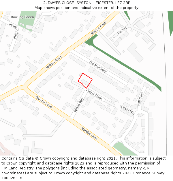 2, DWYER CLOSE, SYSTON, LEICESTER, LE7 2BP: Location map and indicative extent of plot