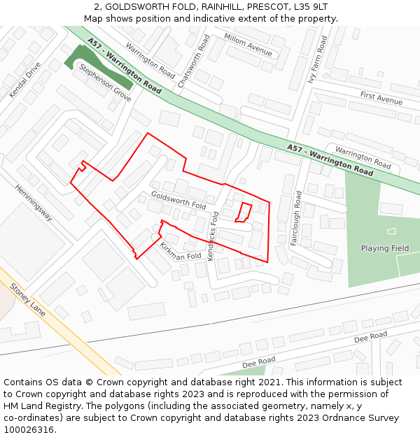 2, GOLDSWORTH FOLD, RAINHILL, PRESCOT, L35 9LT: Location map and indicative extent of plot