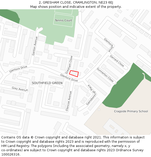 2, GRESHAM CLOSE, CRAMLINGTON, NE23 6EJ: Location map and indicative extent of plot