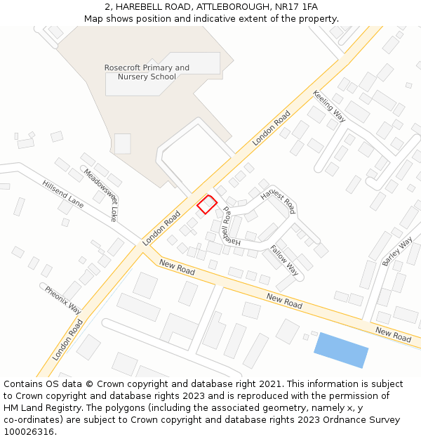 2, HAREBELL ROAD, ATTLEBOROUGH, NR17 1FA: Location map and indicative extent of plot