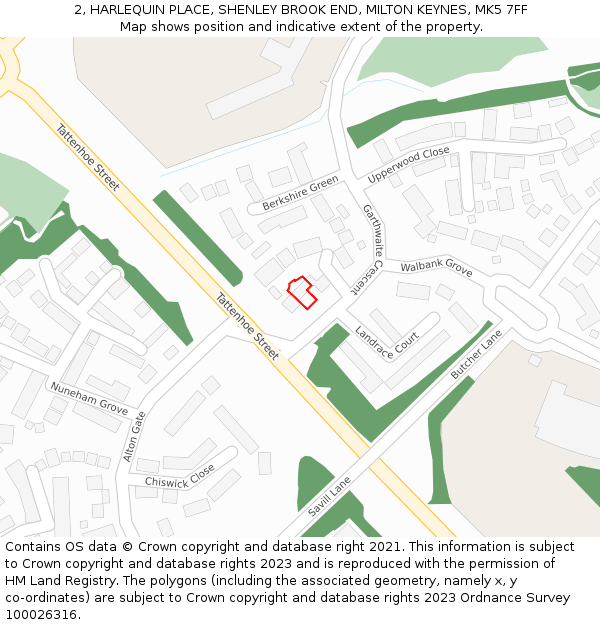 2, HARLEQUIN PLACE, SHENLEY BROOK END, MILTON KEYNES, MK5 7FF: Location map and indicative extent of plot