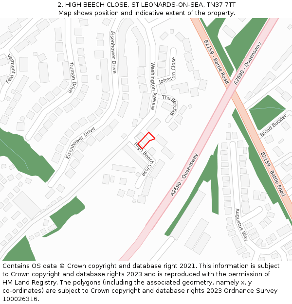 2, HIGH BEECH CLOSE, ST LEONARDS-ON-SEA, TN37 7TT: Location map and indicative extent of plot