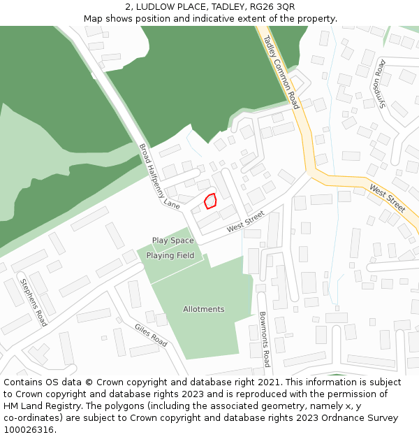 2, LUDLOW PLACE, TADLEY, RG26 3QR: Location map and indicative extent of plot