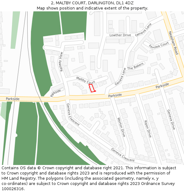 2, MALTBY COURT, DARLINGTON, DL1 4DZ: Location map and indicative extent of plot