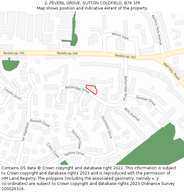 2, PEVERIL GROVE, SUTTON COLDFIELD, B76 1FR: Location map and indicative extent of plot