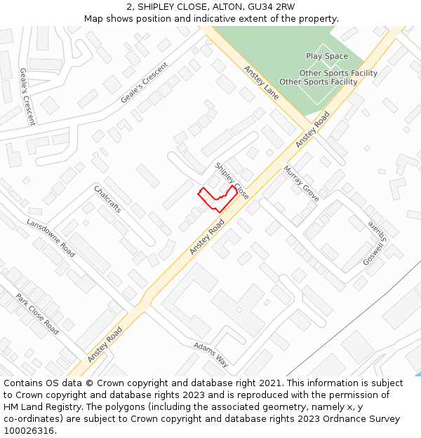 2, SHIPLEY CLOSE, ALTON, GU34 2RW: Location map and indicative extent of plot