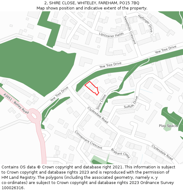 2, SHIRE CLOSE, WHITELEY, FAREHAM, PO15 7BQ: Location map and indicative extent of plot