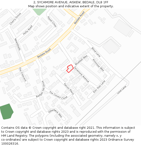 2, SYCAMORE AVENUE, AISKEW, BEDALE, DL8 1FF: Location map and indicative extent of plot