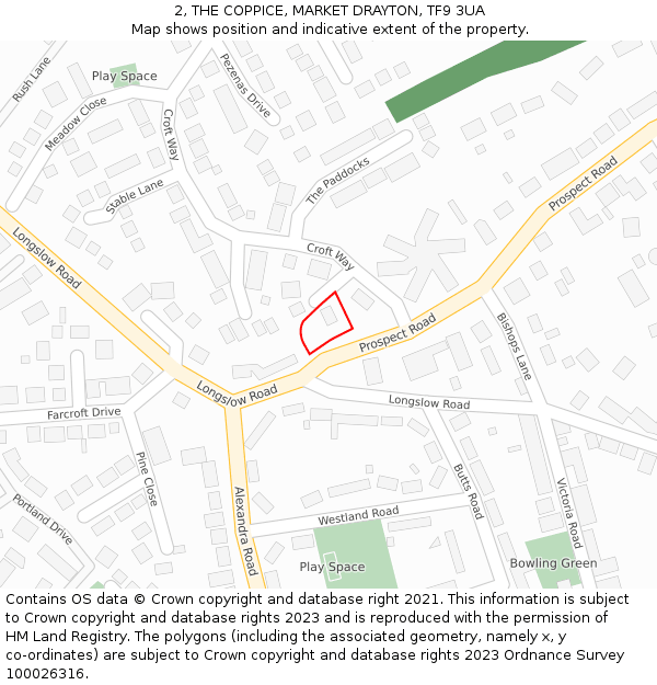 2, THE COPPICE, MARKET DRAYTON, TF9 3UA: Location map and indicative extent of plot