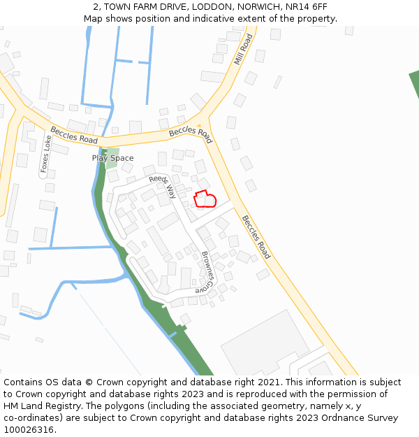 2, TOWN FARM DRIVE, LODDON, NORWICH, NR14 6FF: Location map and indicative extent of plot