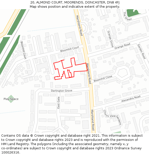 20, ALMOND COURT, MOORENDS, DONCASTER, DN8 4FJ: Location map and indicative extent of plot