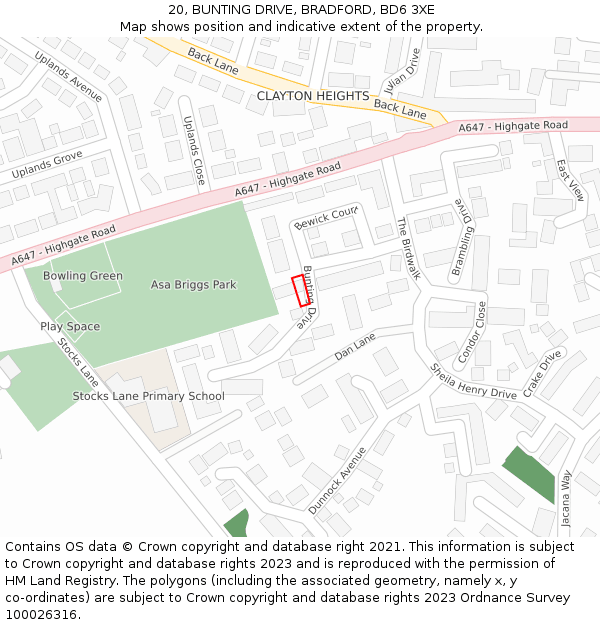 20, BUNTING DRIVE, BRADFORD, BD6 3XE: Location map and indicative extent of plot