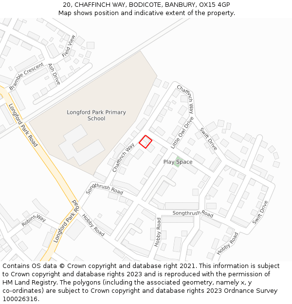 20, CHAFFINCH WAY, BODICOTE, BANBURY, OX15 4GP: Location map and indicative extent of plot