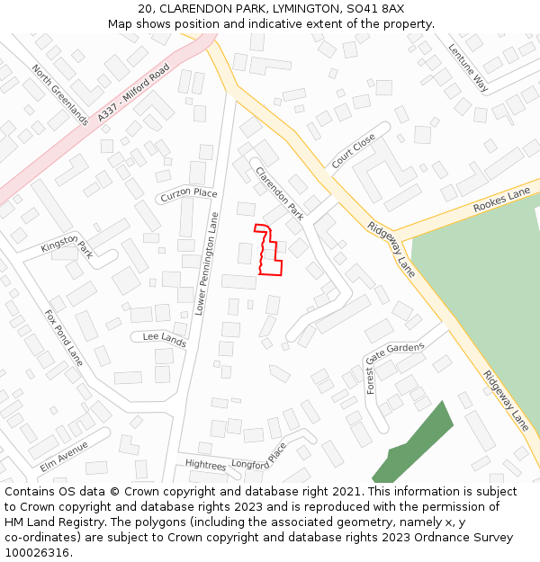 20, CLARENDON PARK, LYMINGTON, SO41 8AX: Location map and indicative extent of plot