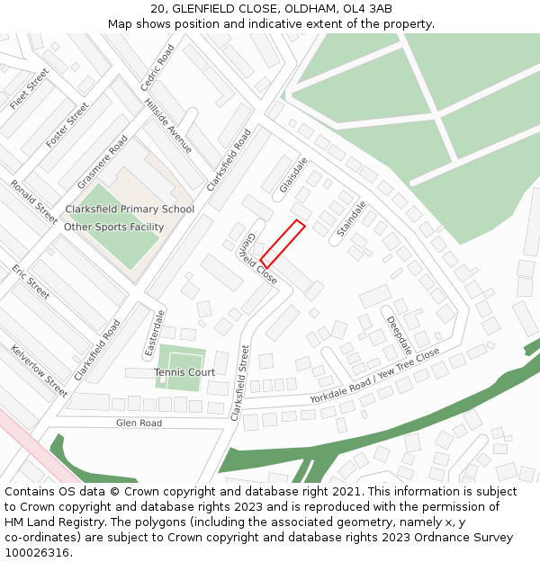 20, GLENFIELD CLOSE, OLDHAM, OL4 3AB: Location map and indicative extent of plot