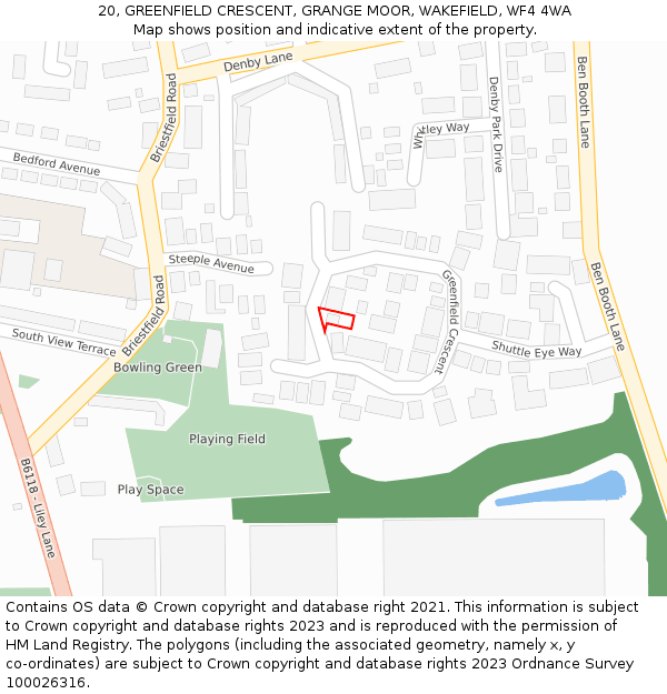 20, GREENFIELD CRESCENT, GRANGE MOOR, WAKEFIELD, WF4 4WA: Location map and indicative extent of plot