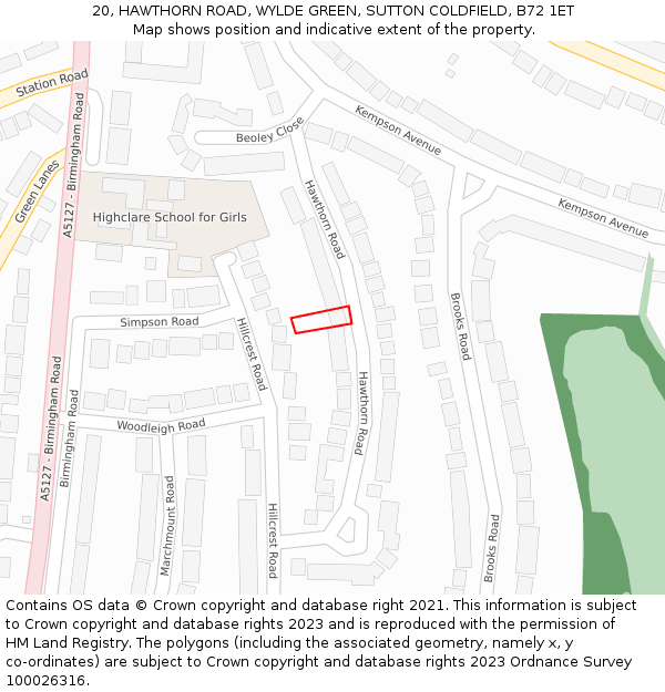 20, HAWTHORN ROAD, WYLDE GREEN, SUTTON COLDFIELD, B72 1ET: Location map and indicative extent of plot