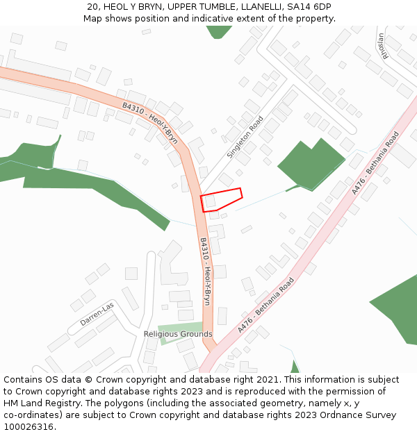 20, HEOL Y BRYN, UPPER TUMBLE, LLANELLI, SA14 6DP: Location map and indicative extent of plot