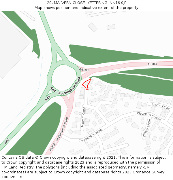 20, MALVERN CLOSE, KETTERING, NN16 9JP: Location map and indicative extent of plot