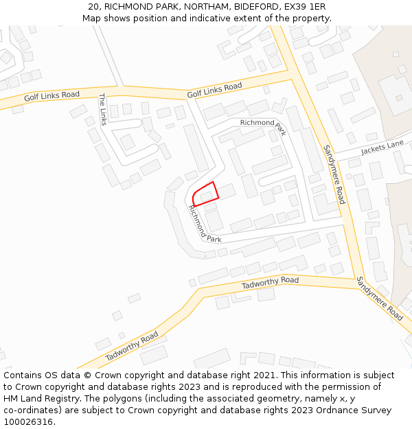 20, RICHMOND PARK, NORTHAM, BIDEFORD, EX39 1ER: Location map and indicative extent of plot