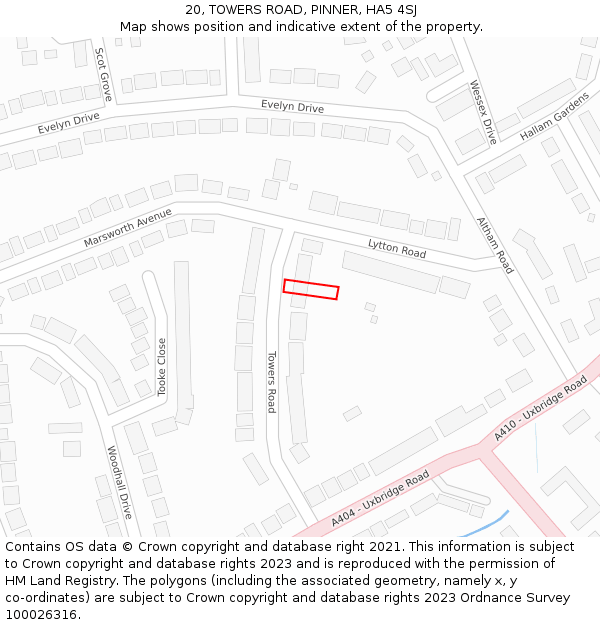 20, TOWERS ROAD, PINNER, HA5 4SJ: Location map and indicative extent of plot