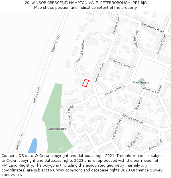 20, WINSOR CRESCENT, HAMPTON VALE, PETERBOROUGH, PE7 8JG: Location map and indicative extent of plot