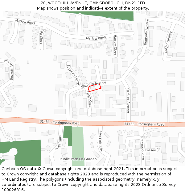 20, WOODHILL AVENUE, GAINSBOROUGH, DN21 1FB: Location map and indicative extent of plot