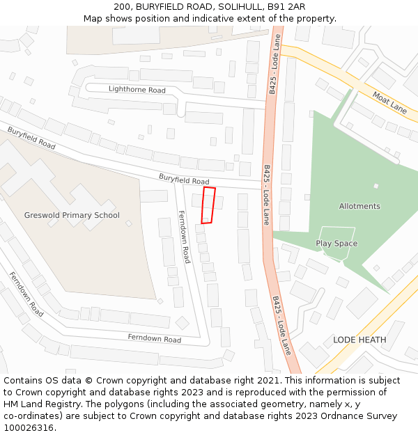 200, BURYFIELD ROAD, SOLIHULL, B91 2AR: Location map and indicative extent of plot