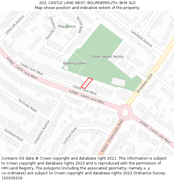 203, CASTLE LANE WEST, BOURNEMOUTH, BH9 3LD: Location map and indicative extent of plot