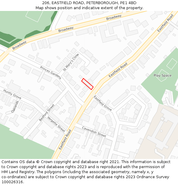 206, EASTFIELD ROAD, PETERBOROUGH, PE1 4BD: Location map and indicative extent of plot