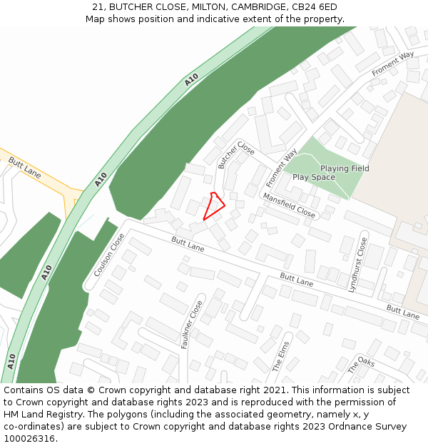 21, BUTCHER CLOSE, MILTON, CAMBRIDGE, CB24 6ED: Location map and indicative extent of plot