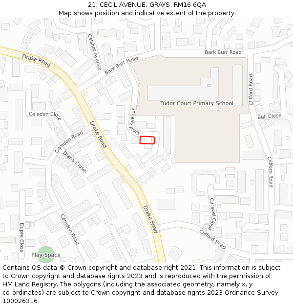 21, CECIL AVENUE, GRAYS, RM16 6QA: Location map and indicative extent of plot