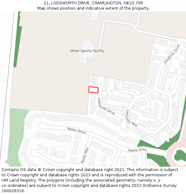 21, LODSWORTH DRIVE, CRAMLINGTON, NE23 7XR: Location map and indicative extent of plot