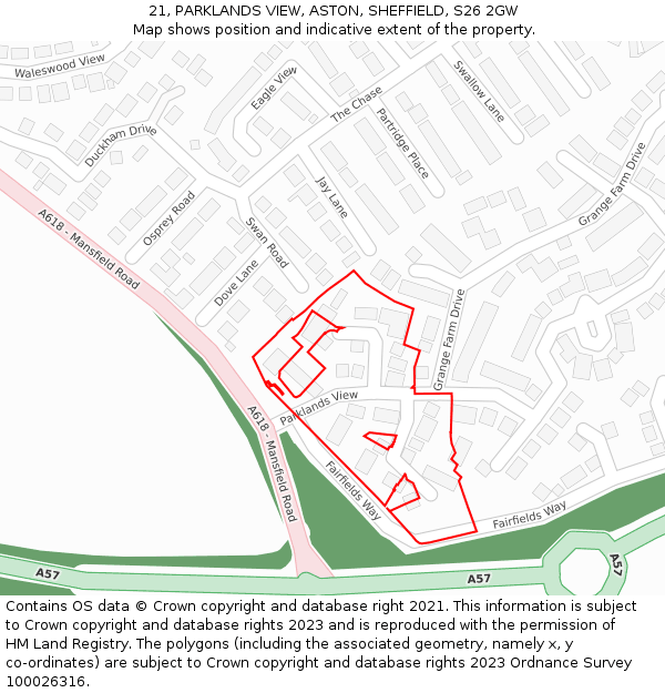 21, PARKLANDS VIEW, ASTON, SHEFFIELD, S26 2GW: Location map and indicative extent of plot