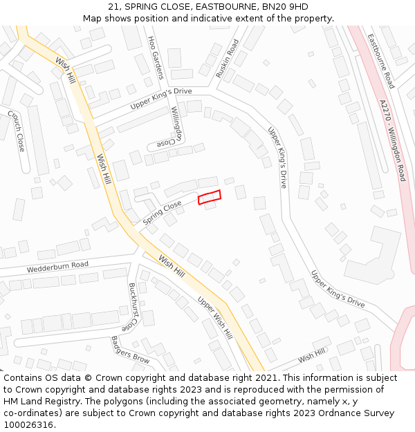 21, SPRING CLOSE, EASTBOURNE, BN20 9HD: Location map and indicative extent of plot