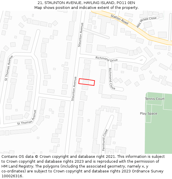 21, STAUNTON AVENUE, HAYLING ISLAND, PO11 0EN: Location map and indicative extent of plot