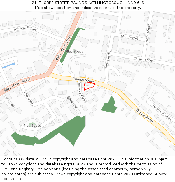 21, THORPE STREET, RAUNDS, WELLINGBOROUGH, NN9 6LS: Location map and indicative extent of plot