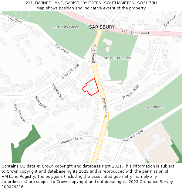 211, BARNES LANE, SARISBURY GREEN, SOUTHAMPTON, SO31 7BH: Location map and indicative extent of plot