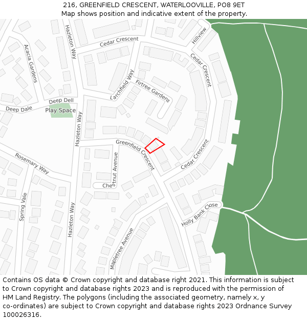 216, GREENFIELD CRESCENT, WATERLOOVILLE, PO8 9ET: Location map and indicative extent of plot