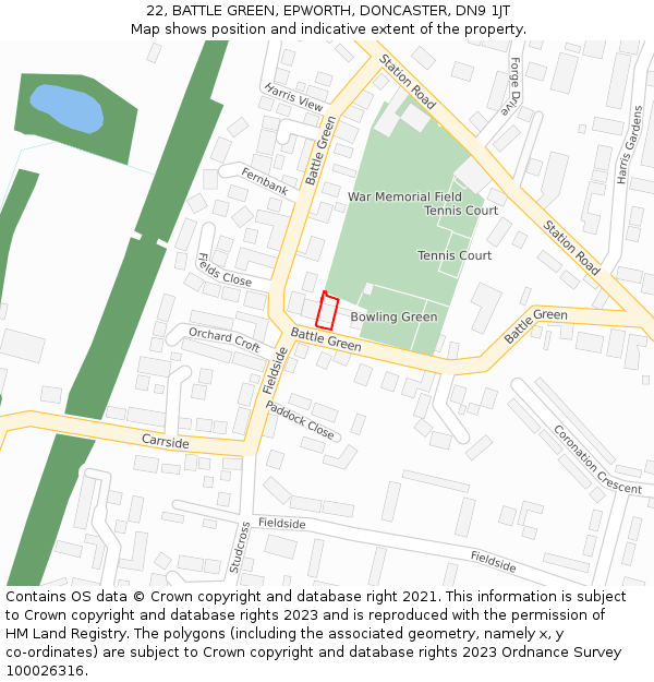 22, BATTLE GREEN, EPWORTH, DONCASTER, DN9 1JT: Location map and indicative extent of plot