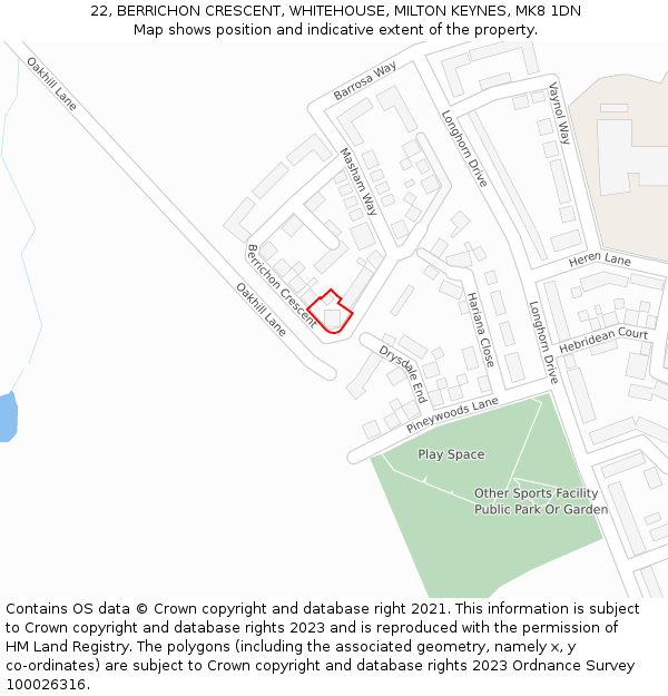 22, BERRICHON CRESCENT, WHITEHOUSE, MILTON KEYNES, MK8 1DN: Location map and indicative extent of plot