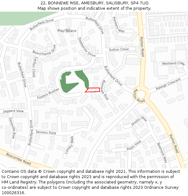 22, BONNEWE RISE, AMESBURY, SALISBURY, SP4 7UG: Location map and indicative extent of plot