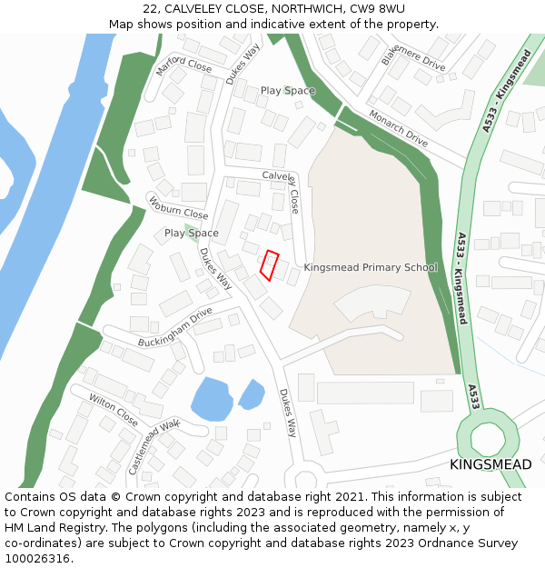 22, CALVELEY CLOSE, NORTHWICH, CW9 8WU: Location map and indicative extent of plot