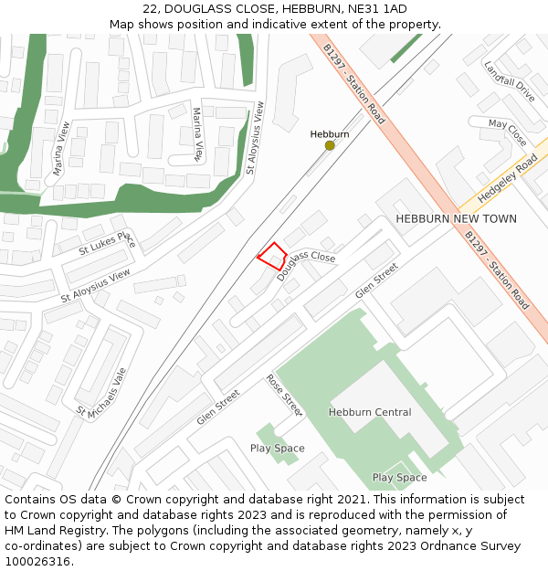 22, DOUGLASS CLOSE, HEBBURN, NE31 1AD: Location map and indicative extent of plot