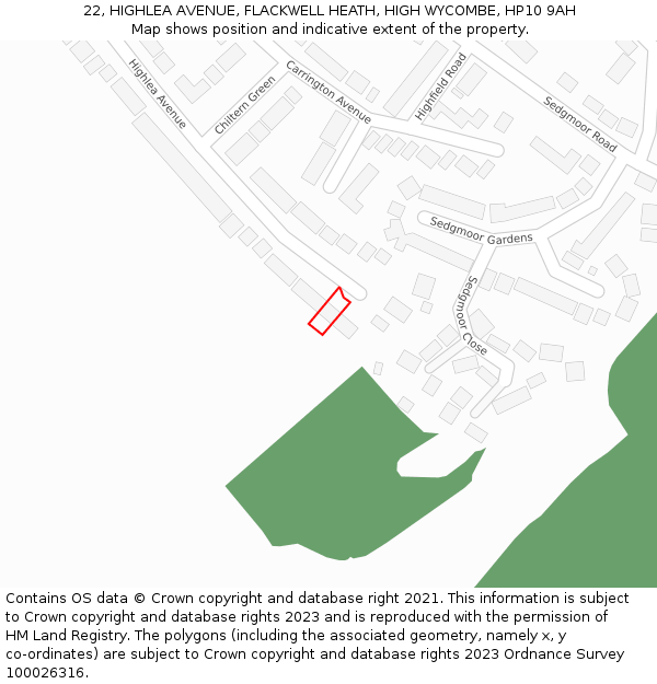 22, HIGHLEA AVENUE, FLACKWELL HEATH, HIGH WYCOMBE, HP10 9AH: Location map and indicative extent of plot