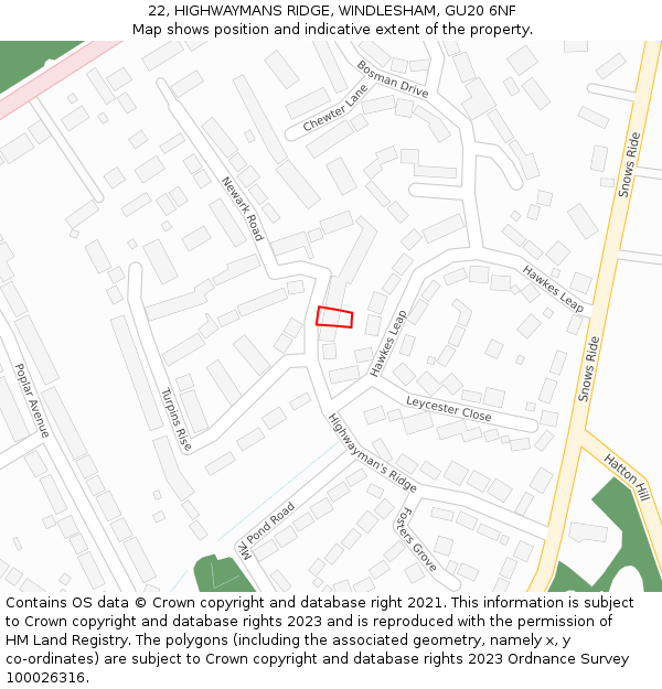 22, HIGHWAYMANS RIDGE, WINDLESHAM, GU20 6NF: Location map and indicative extent of plot