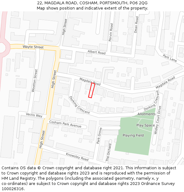 22, MAGDALA ROAD, COSHAM, PORTSMOUTH, PO6 2QG: Location map and indicative extent of plot