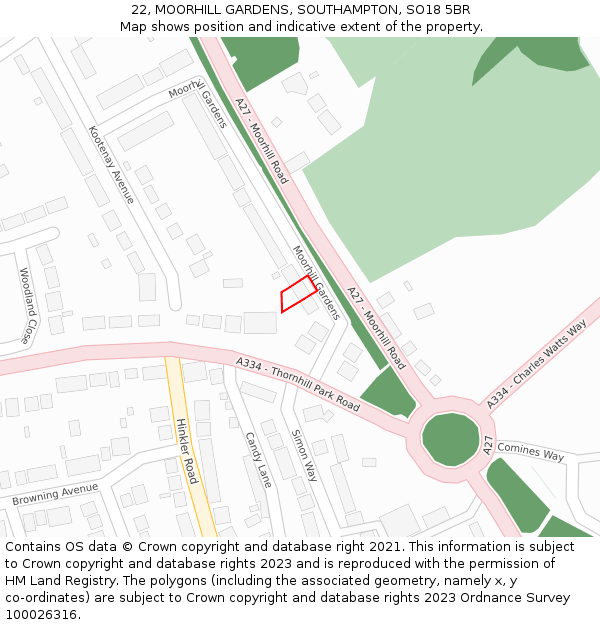 22, MOORHILL GARDENS, SOUTHAMPTON, SO18 5BR: Location map and indicative extent of plot