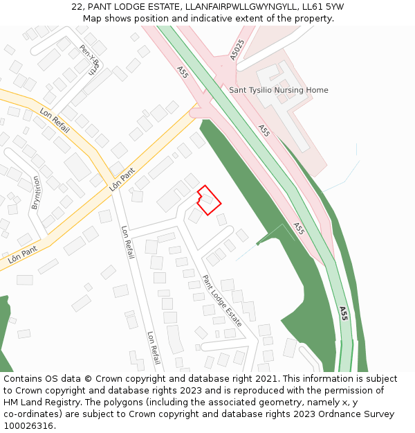 22, PANT LODGE ESTATE, LLANFAIRPWLLGWYNGYLL, LL61 5YW: Location map and indicative extent of plot